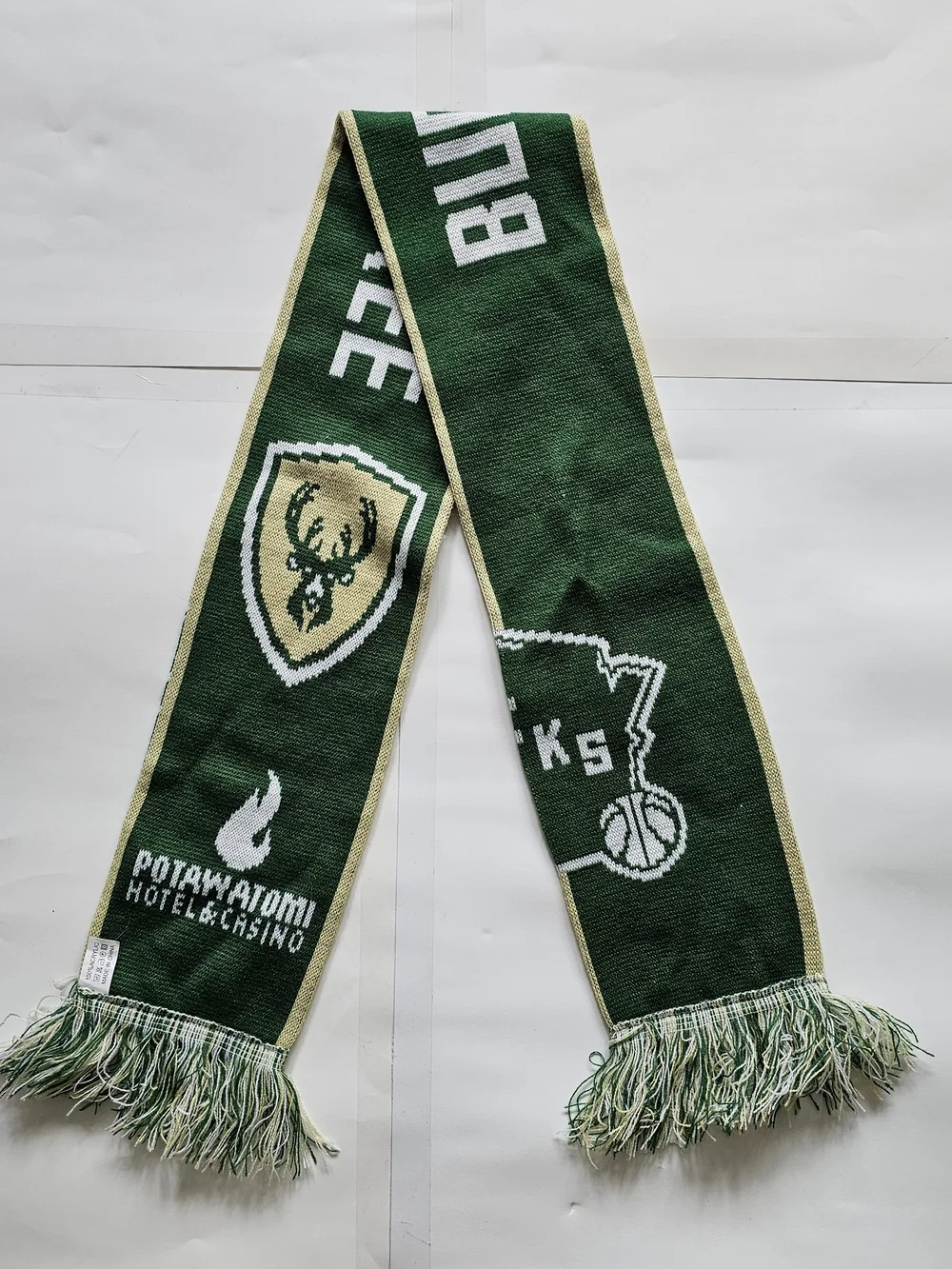 Green Knit Fan Scarf with Cream Trim